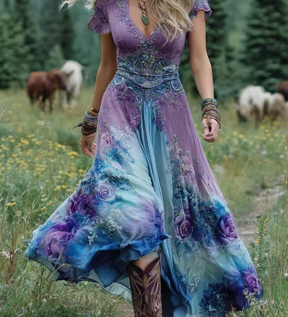 Serena™ | Lühike Maxi Kleit Lilleline Lavendel Elegantse Puudutusega
