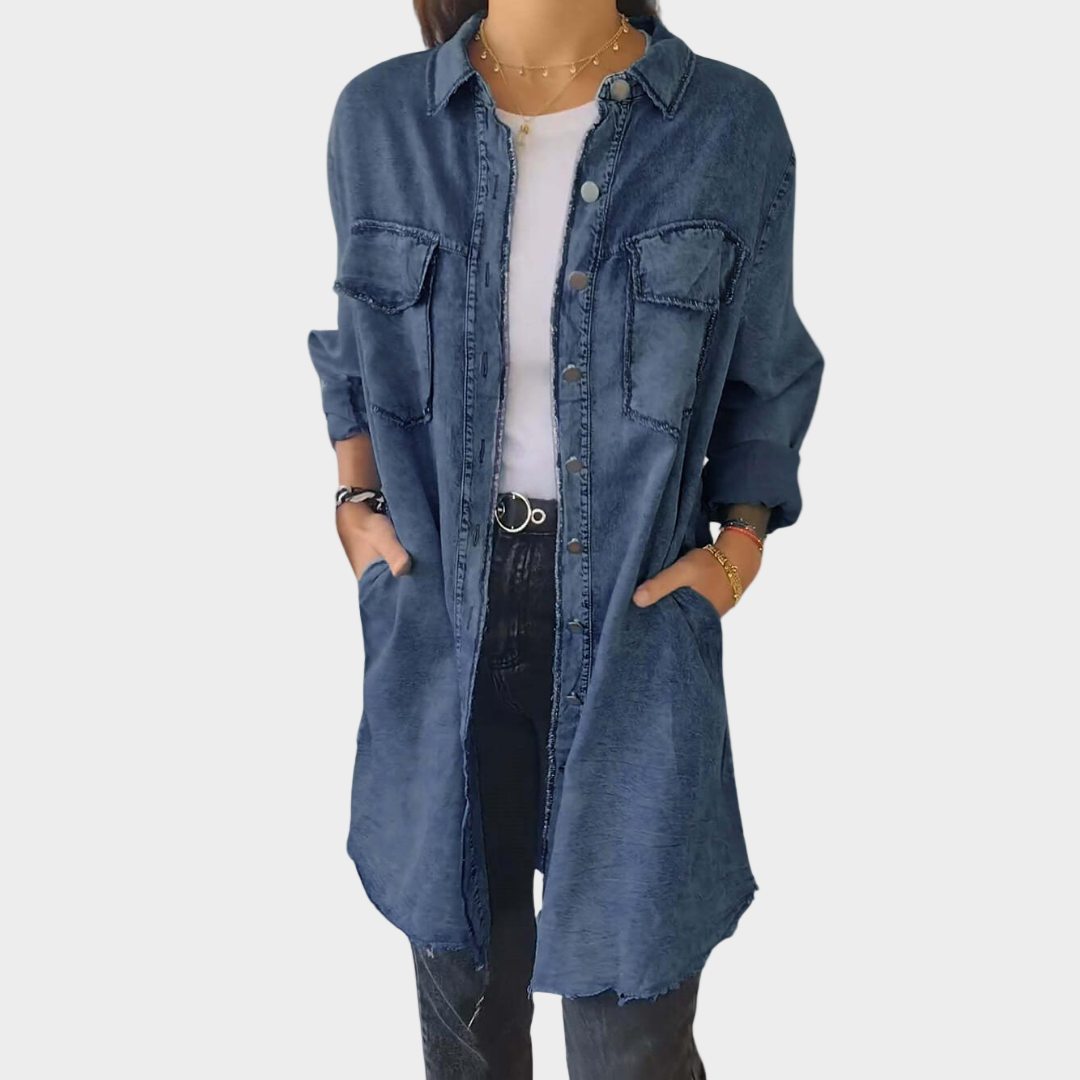 Pikkade varrukatega denim särgid klassikalise kraega
